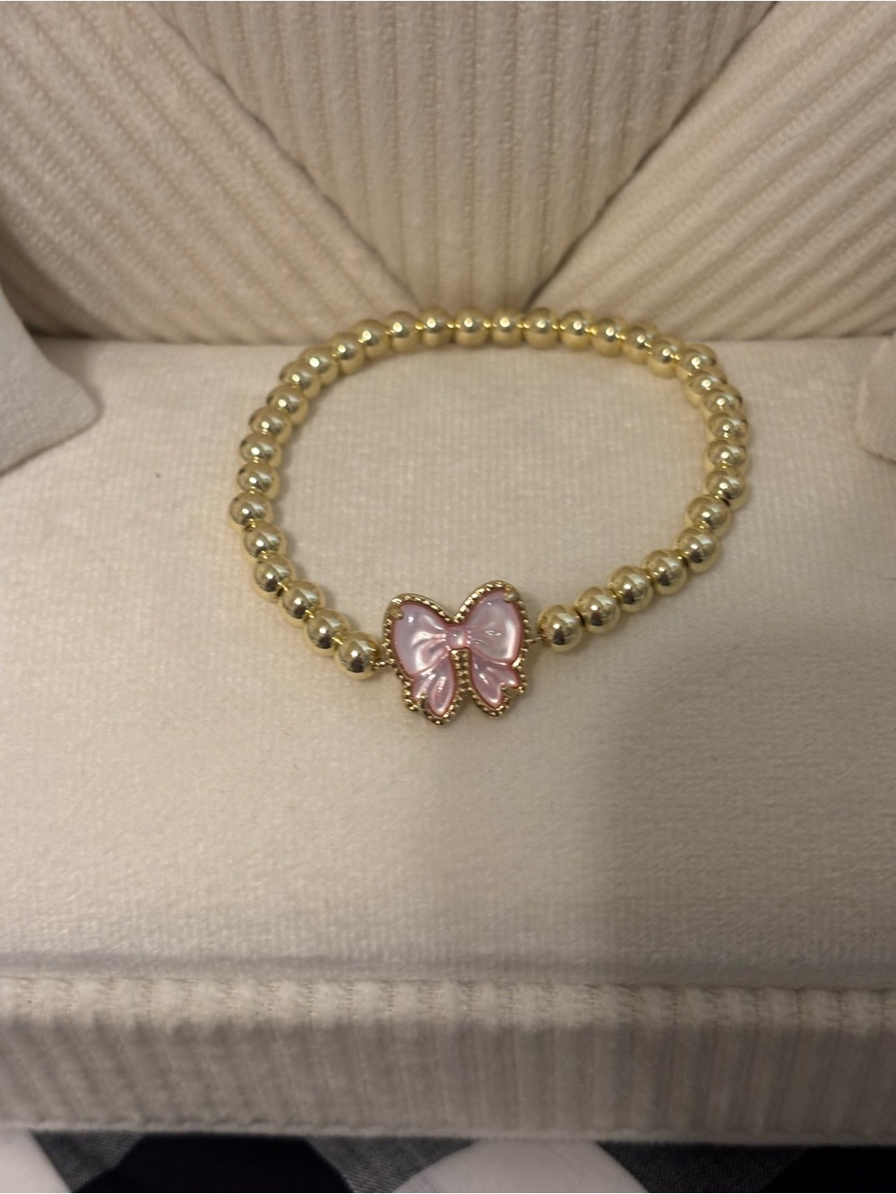 Gold Beaded Bracelet with Pink Butterfly Charm